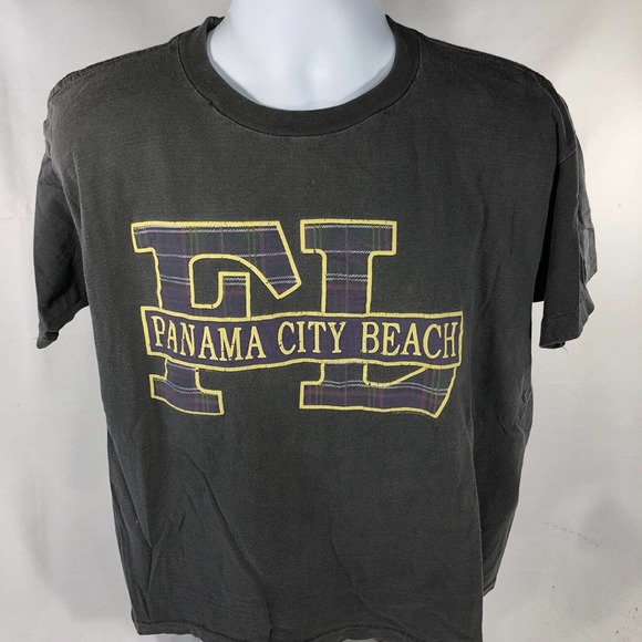 Vintage Panama City Beach Florida Single Stitch Size Medium Plaid Logo 90s 80s - Picture 1 of 12